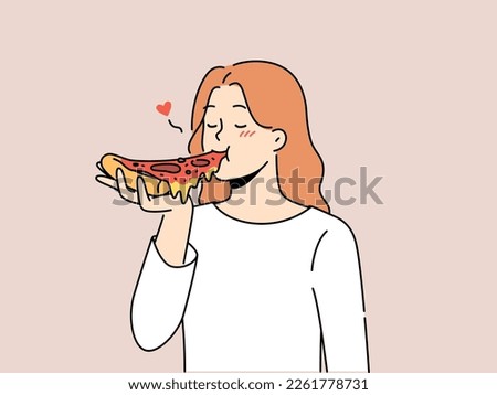 Happy woman eating delicious pizza. Smiling girl enjoy tasty Italian fast food. Traditional cuisine. Vector illustration. 