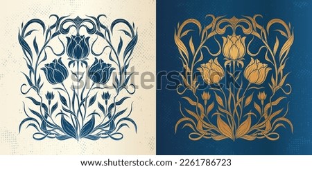 Frame with a gold tulip in the style of Art Nouveau. Beautiful tulip golden vintage floral composition 1920-1930 years.Vector design.