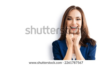 Dental dent health care concept picture - happy excited beautiful woman in blue cloth show white toothy smile. Portrait image of brunette girl isolated against white background, wide banner copy space