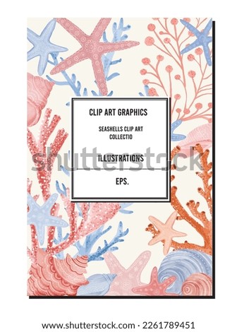 Abstract sea life Clip art, seashells, corals hand drawn shapes illustration, blue and red watercolor graphics