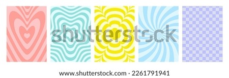 Groovy hippie 70s backgrounds set. Checkerboard, chessboard, mesh, waves, swirl, twirl pattern with heart, daisy flower. Twisted and distorted vector texture in trendy retro psychedelic style.
 Royalty-Free Stock Photo #2261791941