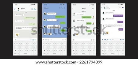 Vector chatting screen in mobile communication illustration. Chat app template. Modern realistic white and black smartphone. Social network concept. Vector. Royalty-Free Stock Photo #2261794399