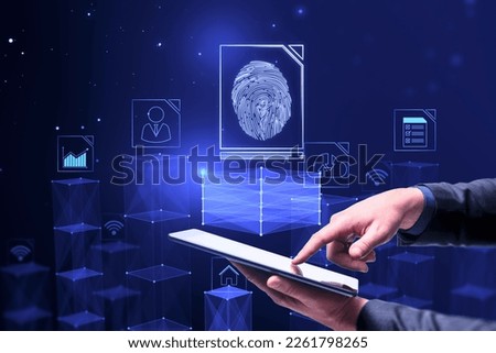 Online biometric authorization and personal data security concept with man finger on digital tablet touch screen and virtual projection of fingerprint with social network icons on blue background