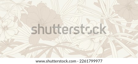 Tropical leaf line art background vector. Natural botanical flowers and palm leaves design in minimalist linear contour simple style. Design for fabric, print, cover, banner, decoration, wallpaper.