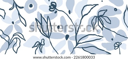 Botanical leaf background vector. Natural hand drawn flower line art and floral organic shape design in minimalist doodle simple style. Design for fabric, print, cover, banner, decoration, wallpaper.