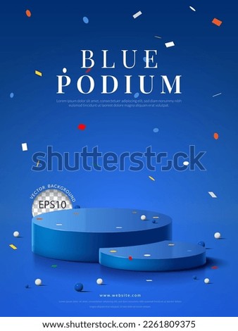 Two blue round podium with confetti on blue background, for product display, Vector illustration Royalty-Free Stock Photo #2261809375