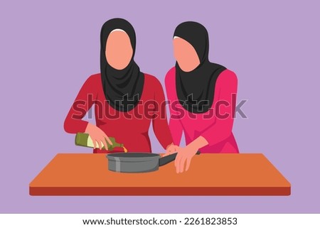 Character flat drawing two Arab woman pouring cooking oil from bottle into frying pan on stove. Friends prepare healthy food for lunch in kitchen. Cooking at home. Cartoon design vector illustration