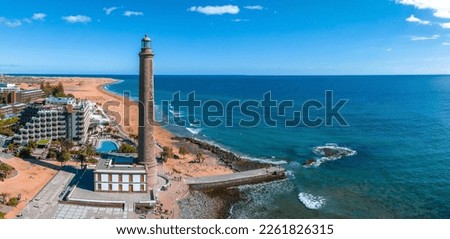 Panoramic aerial view of the Maspalomas Lighthouse, Grand Canary, Spain. Royalty-Free Stock Photo #2261826315