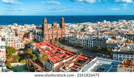 Landscape with Cathedral Santa Ana Vegueta in Las Palmas, Gran Canaria, Canary Islands, Spain. Aerial sunset view of the Las Palmas city. Royalty-Free Stock Photo #2261826475