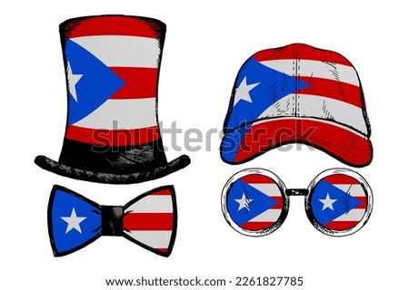 Head accessories. Patriotic clip art set in colors of national flag on white background. Puerto Rico