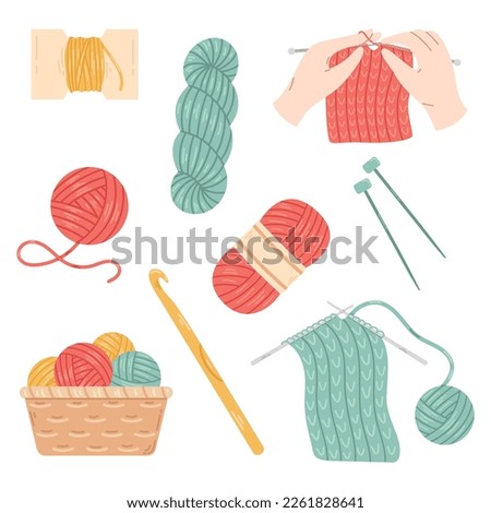 Vector set with wool yarn balls and skeins. Knitting needles and crochet hook. Wicker basket with wool yarn balls. Cozy crafting hobby. Knitting collection in flat design. Royalty-Free Stock Photo #2261828641
