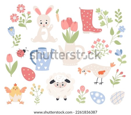 Spring Easter collection. Easter Bunny, Sheep, Chicken and Rooster, Eggs and Flowers, Rubber Boot and Watering Can. Vector flat cartoon elements for design, decor and kids collection