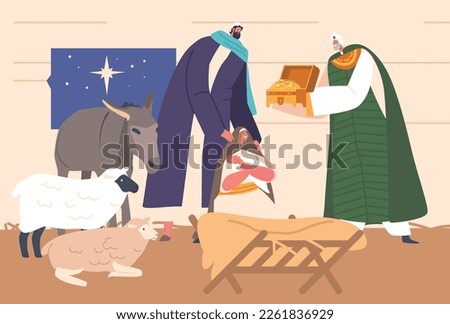 Magician Followed A Star To Place Of Jesus Birth In Bethlehem As Sign Of Reverence And Respect. He Presented Gold Illustrate Jesus Status As Divine Ruler, Spiritual Leader. Cartoon Vector Illustration