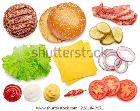 Set of popular cheeseburger or hamburger ingredients isolated on white background. 