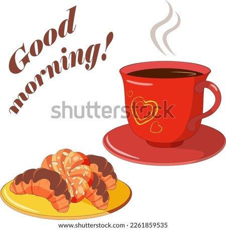 Hot aromatic coffee in a red cup and fluffy freshly baked croissants on a yellow saucer. Food and drink vector illustration with copy space. Royalty-Free Stock Photo #2261859535