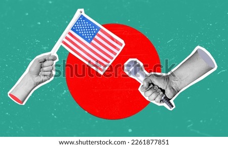 The art of collage, a collage of a hand holding an American flag, a microphone in the other hand. Concept of an interview with america on a green background.