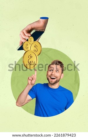 Photo collage artwork minimal picture of excited funny guy pointing finger earning money online isolated drawing background