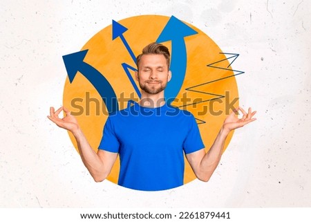 Collage 3d image of pinup pop retro sketch of dreamy guy enjoying yoga money meditation isolated painting background