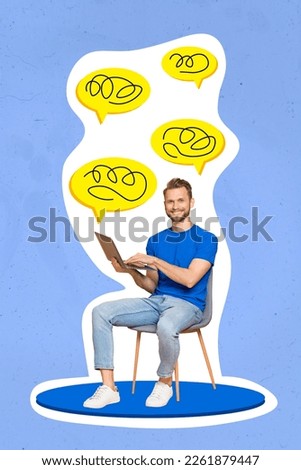 Collage artwork graphics picture of happy smiling guy chatting twitter telegram facebook isolated painting background