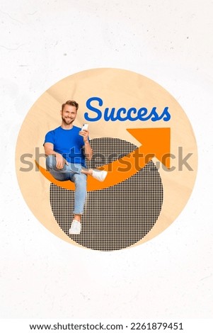 Photo cartoon comics sketch collage picture of smiling guy achieving success twitter telegram facebook isolated drawing background