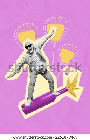Vertical drawing bright colorful collage photo picture poster advert of happy elderly man flying bottle isolated on painted background