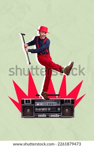 Vertical collage image of excited positive mini guy stand huge boombox hold stick dancing isolated on drawing background