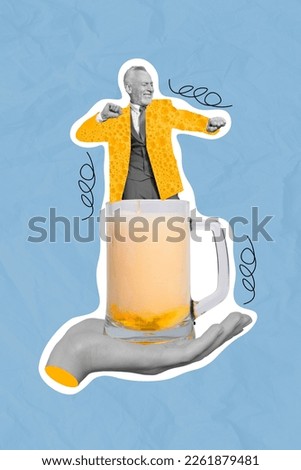Collage photo picture poster of arm hold crazy happy man grandfather dancing big cup mug isolated on painting background