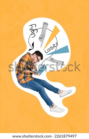 Vertical drawing collage photo picture image of handsome programmer guy deleting bad words social media app isolated on painting background