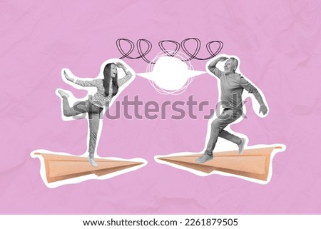 Black white gamma collage photo picture of two people paper plane sharing sms communicate together isolated on painting background