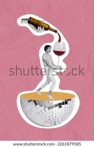 Vertical pink collage photo picture image of funky crazy girl carry hold big glass bocal isolated on painting background