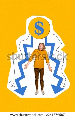 Blue yellow colors collage artwork photo picture image of uncertain unsure man lost salary savings isolated on painted background
