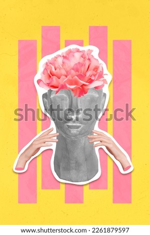 Vertical colorful collage photo poster picture of two arms presenting decorative home vase isolated on painted background