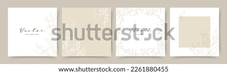 Neutral abstract backgrounds with hand drawn floral elements in beige color. Vector design templates for postcard, poster, business card, flyer, magazine, social media post, banner, wedding invitation