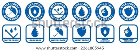 Water and Dust resistant - vector badges. Waterproof and sweat proof labels collection. Royalty-Free Stock Photo #2261885945