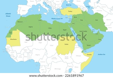 Political color map of MENA region with borders of the states. Middle East and North Africa Royalty-Free Stock Photo #2261891967