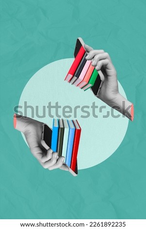 Photo sketch graphics collage artwork picture of arms holding modern device book inside isolated drawing background