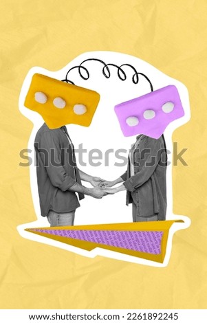 Photo collage artwork minimal picture of couple message clouds instead of heads holding arms isolated drawing background