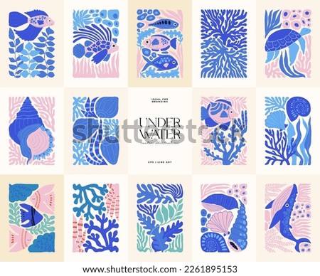 Underwater world, ocean, sea, fish and shells poster template. Modern trendy Matisse minimal style. Hand drawn design for wallpaper, wall decor, print, postcard, cover, template, banner. Royalty-Free Stock Photo #2261895153