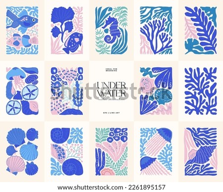 Underwater world, ocean, sea, fish and shells poster template. Modern trendy Matisse minimal style. Hand drawn design for wallpaper, wall decor, print, postcard, cover, template, banner.