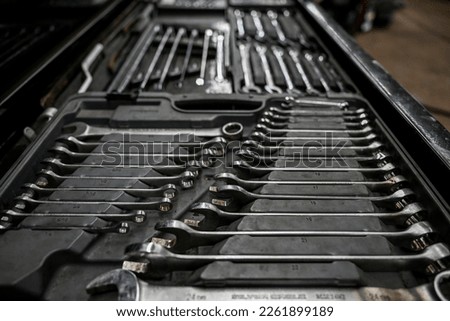 close up of wrenches in tool box 