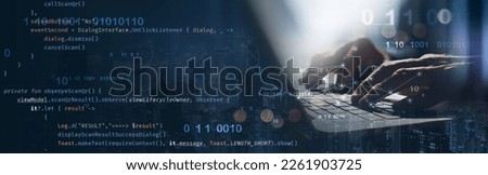 Digital technology, software development concept. Coding programmer, software engineer working on laptop with javascript on virtual screen. App development, computer code, agile methodology Royalty-Free Stock Photo #2261903725
