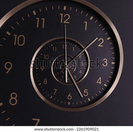 Infinity and other time related concepts. Clock hands and twisted hour numbers. Spiral effect
