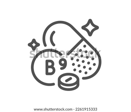 Vitamin B9 line icon. Folate food nutrient sign. Capsule or pill supplement symbol. Quality design element. Linear style folate vitamin icon. Editable stroke. Vector Royalty-Free Stock Photo #2261915333
