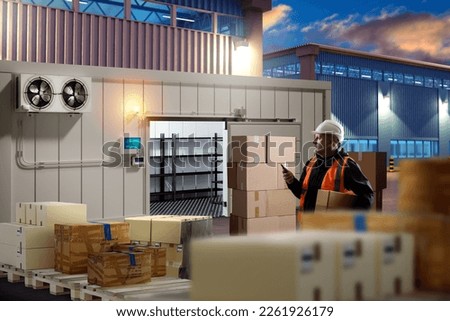 Man near industrial refrigerator. Boxes on pallets near cold room. Guy brings boxes into cold room. Cold rooms in industrial zone. Outdoor freezer for storage. Man storekeeper working in evening Royalty-Free Stock Photo #2261926179