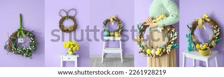 Collage of beautiful Easter wreaths on lilac background Royalty-Free Stock Photo #2261928219