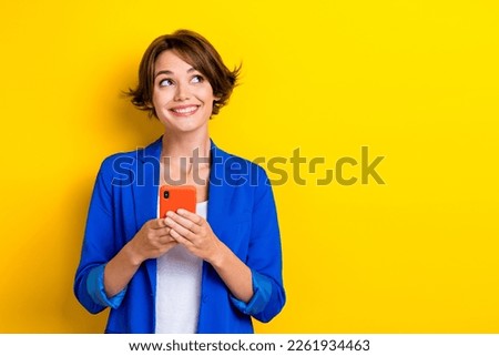 Photo of dreamy business lady use modern technology phone think dreamy new apple model sale isolated vivid color background