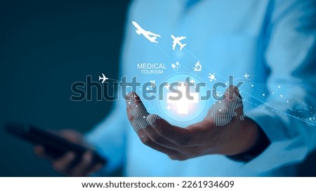 Medical tourism concept, Health tourism and international medical travel insurance. Medical Hub. Healthcare and medicine on global network. health tourism international, life insurance throughout trip Royalty-Free Stock Photo #2261934609