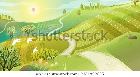 Hiking animals backpack and travel adventures. Bear, moose backpack hiking tale in wild nature scenery. Animals in countryside panoramic landscape. Hand drawn vector illustration in watercolor style. Royalty-Free Stock Photo #2261939655