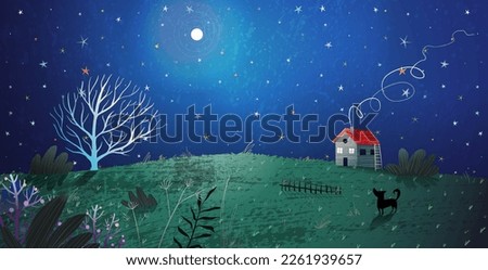 House with smoking chimney at night under the stars. Magic dark landscape fantasy background for kids. Fairytale or bedtime story cartoon for children. Hand drawn artistic textured vector illustration
