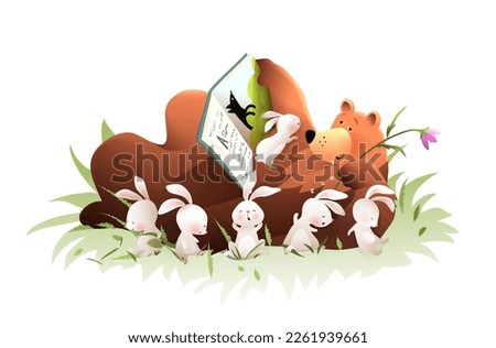 Animals reading a book in forest. Sleepy Bear reading a book to sleeping rabbits. Cute bedtime cartoon for children or nursery. Vector clipart kids illustration for school or library.